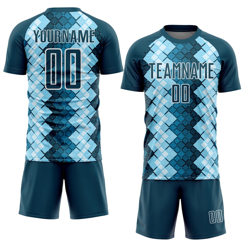 Uniforme de fútbol azul y blanco de EE. UU., camiseta con formas de la marina, sublimación geométrica personalizada