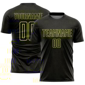 Maglia nera da calcio sportiva con stampa a sublimazione, forma geometrica, giallo neon personalizzato