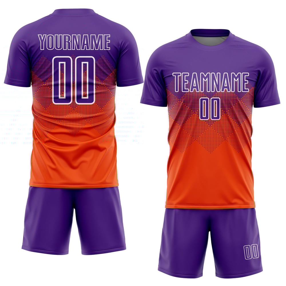 Maillot de football personnalisé orange violet-blanc par sublimation