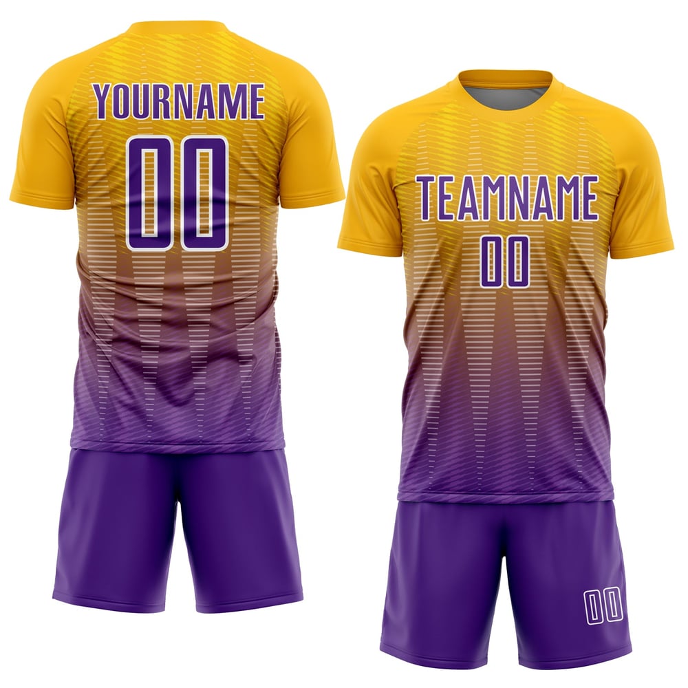 Camiseta de fútbol personalizada con degradado de línea, sublimación en morado y blanco, color dorado