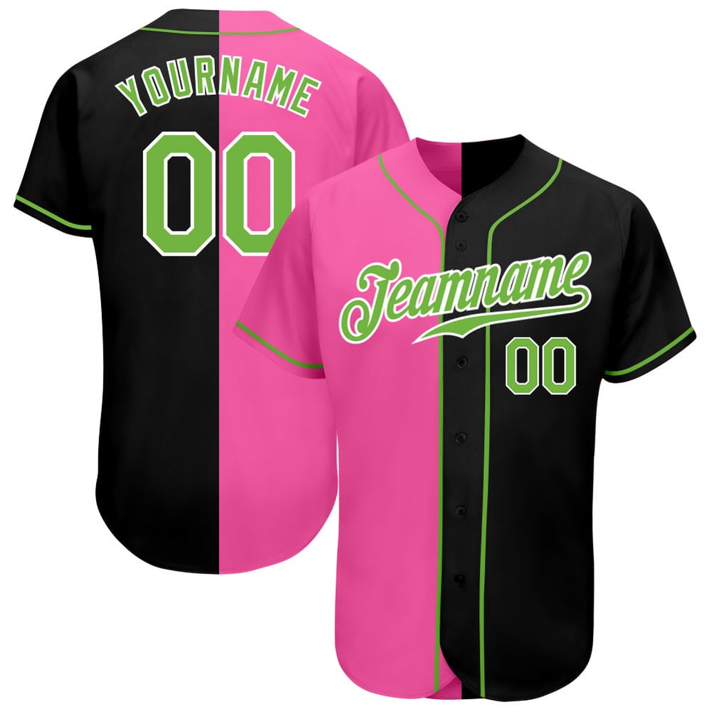 Jersey dividido verde-rosa neón moda béisbol negro auténtico personalizado