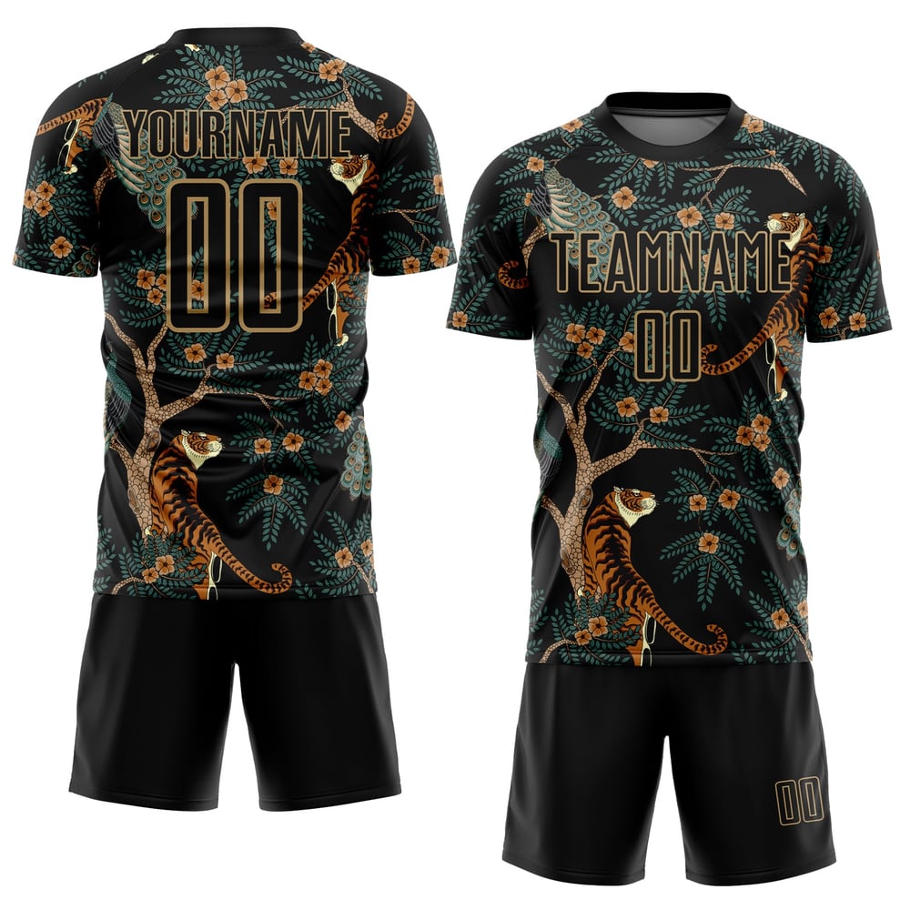 Black Gold Jersey Tiger Uniform Old Custom And Peacock Sublimation Soccer