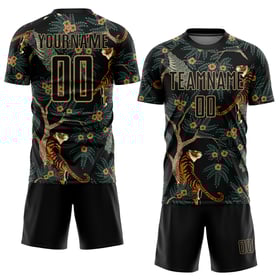 Black Gold Jersey Tiger Uniform Old Custom And Peacock Sublimation Soccer