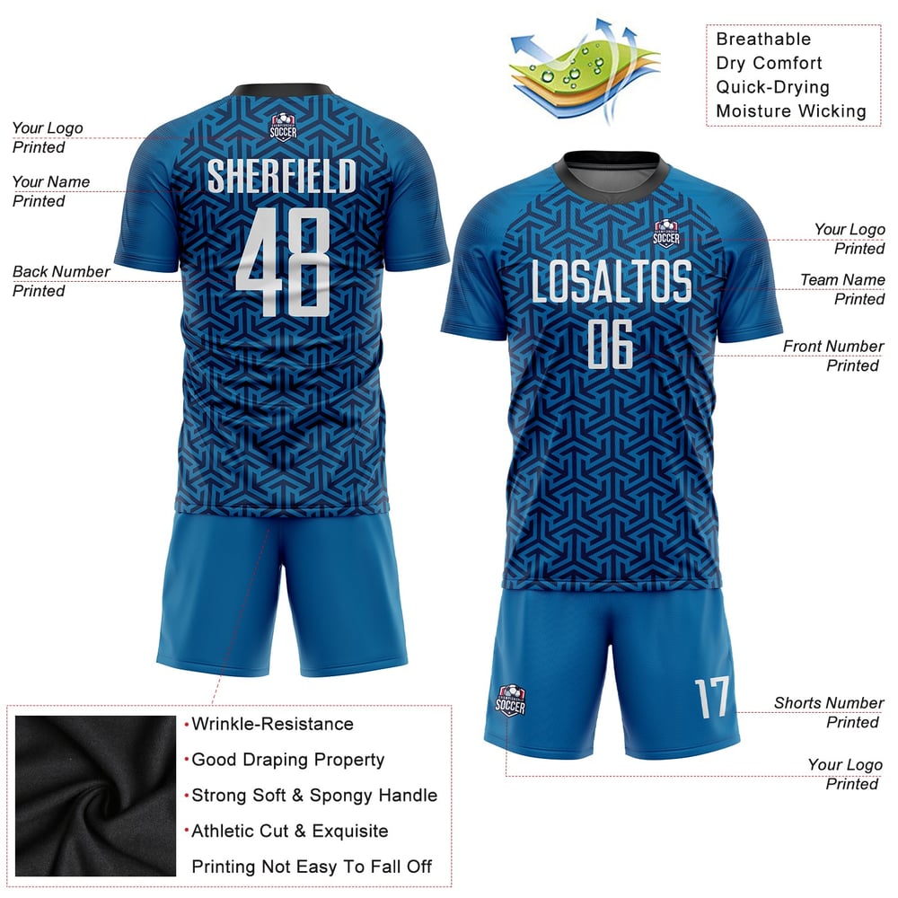 White-Black Blue Soccer Uniform Sublimation Jersey Custom