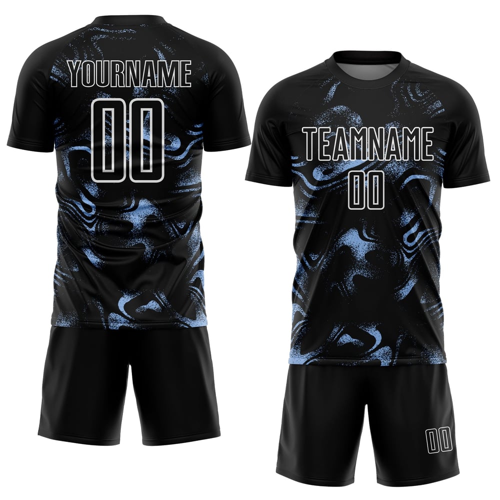 Blau-Weiß Abstrakt Schwarz Flüssigkeit Uniform Sublimation Fußball Jersey Custom Light