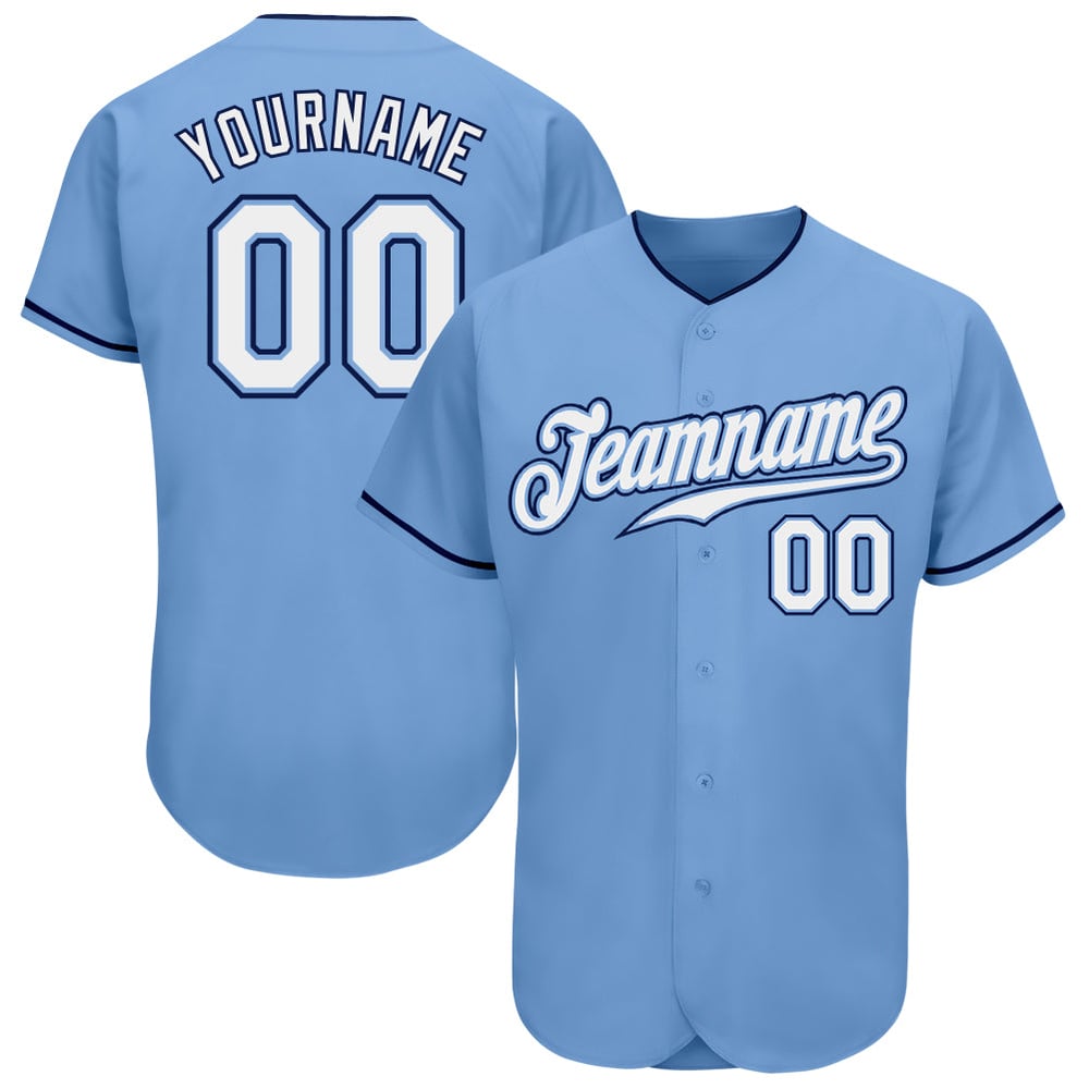 Camiseta de béisbol azul personalizada en blanco claro y azul marino auténtica