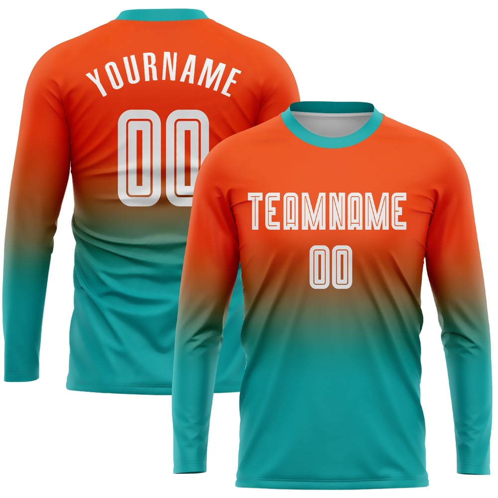 Maillot de football personnalisé à manches longues, imprimé par sublimation, orange, blanc et turquoise