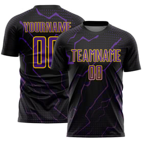 Maglia da calcio personalizzata con stampa sublimatica nera e viola-gialla Lightning