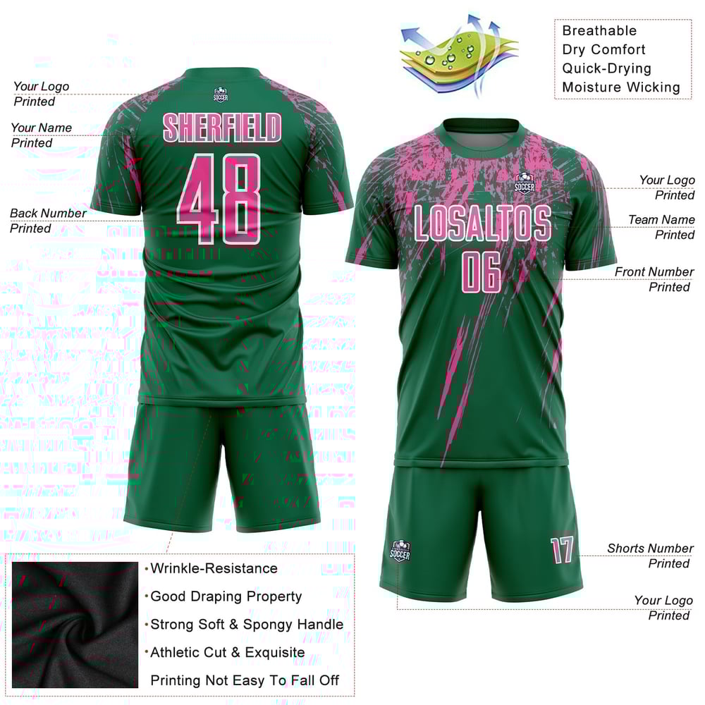 Custom Kelly Green Soccer Uniform Jersey Sublimation Pink-White