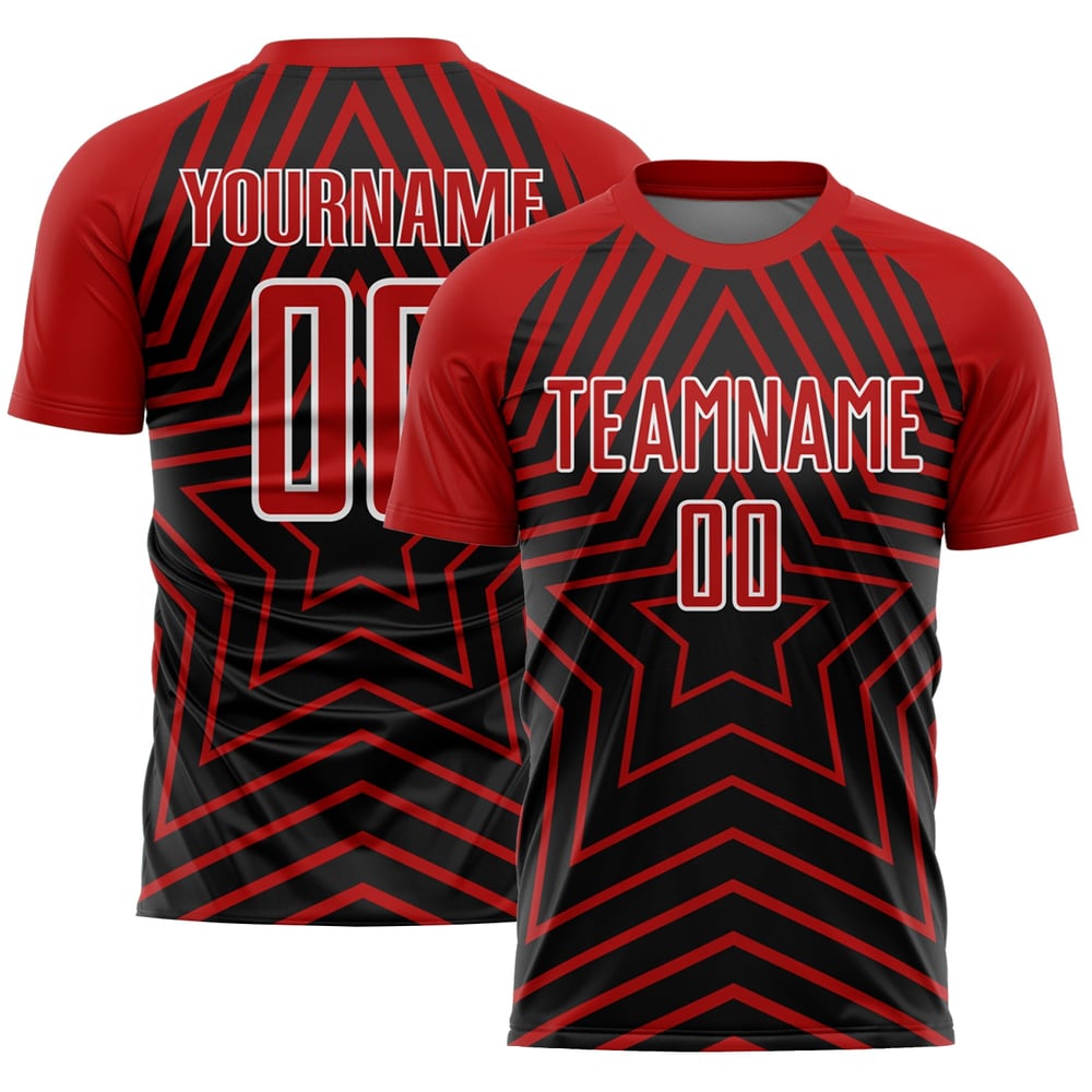 Camiseta de fútbol personalizada con estrellas de sublimación rojo-blanco, uniforme negro