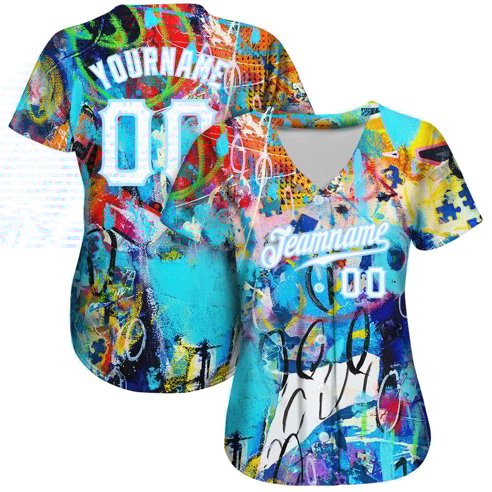 Maglia da baseball personalizzata autentica con graffiti astratti, bianca e blu chiaro, 3D