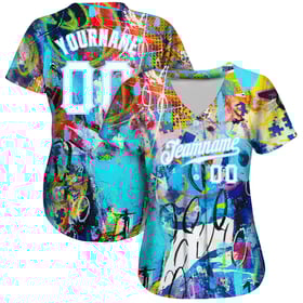 Maglia da baseball personalizzata autentica con graffiti astratti, bianca e blu chiaro, 3D