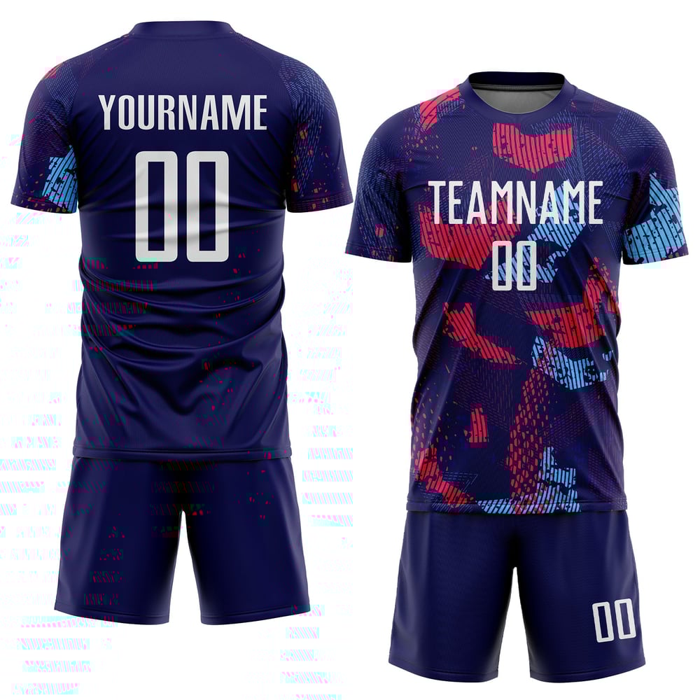 Maillot de football personnalisé à sublimation bleu marine, blanc et bleu clair