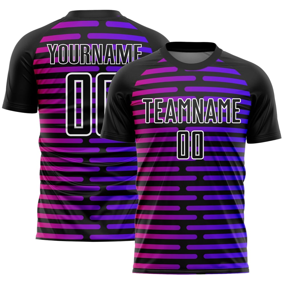 Camiseta de fútbol negra sublimada con líneas personalizadas en morado y rosa