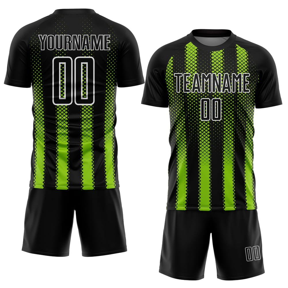 Geometrische Uniform Trikotform Schwarz Sublimation Fußball Custom Neon Grün-Weiß