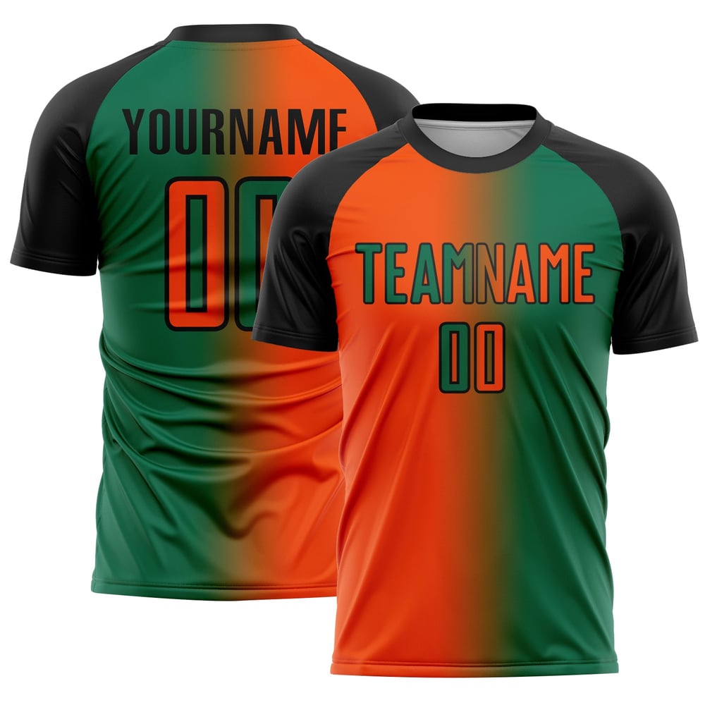 Sublimation Green Kelly Custom Fußballuniform Mode Farbverlauf Orange-Schwarzes Trikot