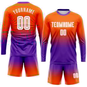 Maillot de football personnalisé à manches longues, imprimé par sublimation, orange, blanc et violet