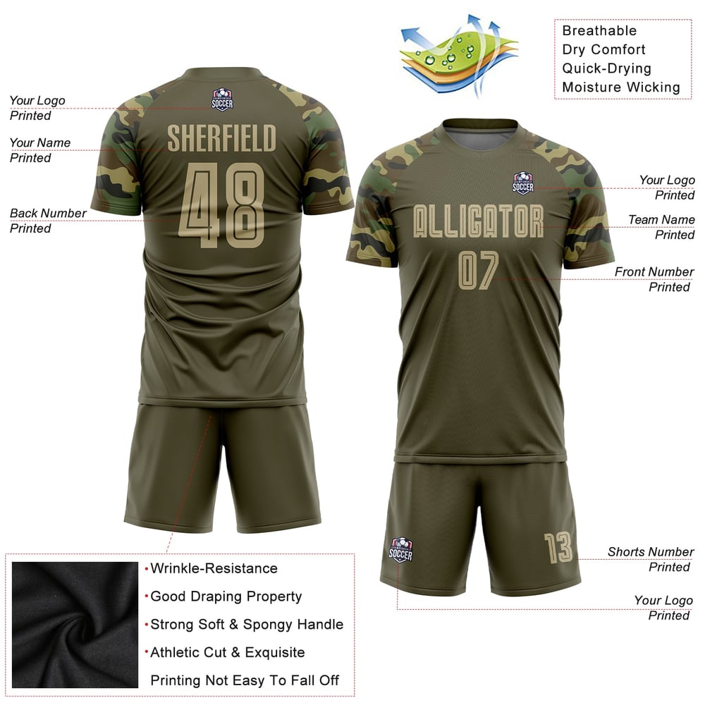 Soccer Service Vegas Sublimation To Uniform Jersey Custom Olive Gold-Camo Salute