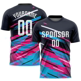Maillot de football personnalisé à sublimation bleu marine, blanc, rose et bleu clair