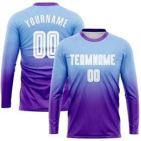 Maillot de football personnalisé à manches longues, bleu clair, blanc et violet, imprimé par sublimation