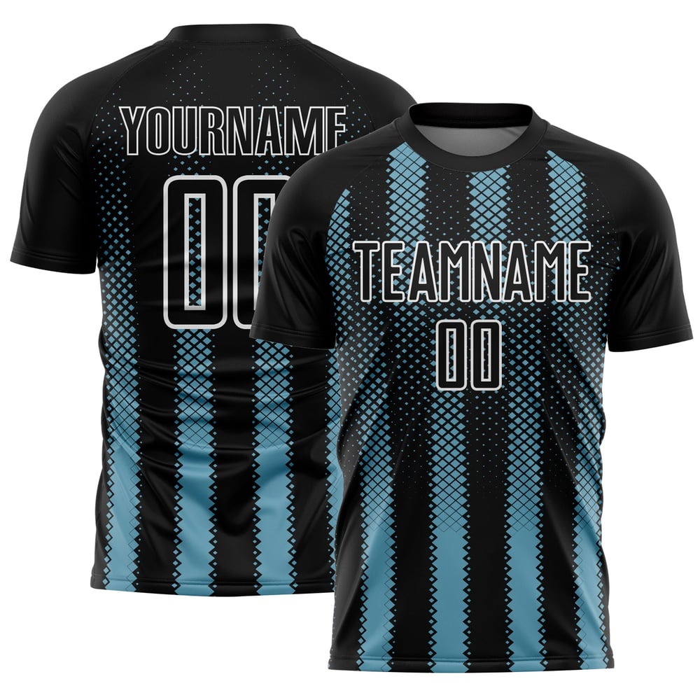 Sublimation Geometrische Schatten Fußball Blau-Weiß Form Custom Jersey Schwarz Uniform