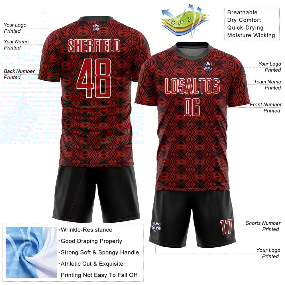 Red Uniform Jersey Custom Soccer Black-White Shapes Sublimation Geometric