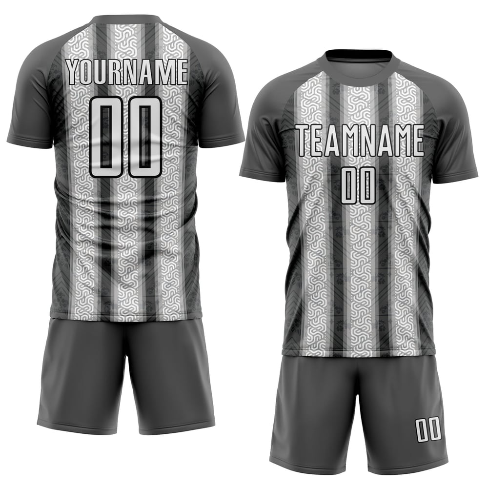 Maillot de football personnalisé à rayures ethniques gris acier, blanc et noir, sublimation