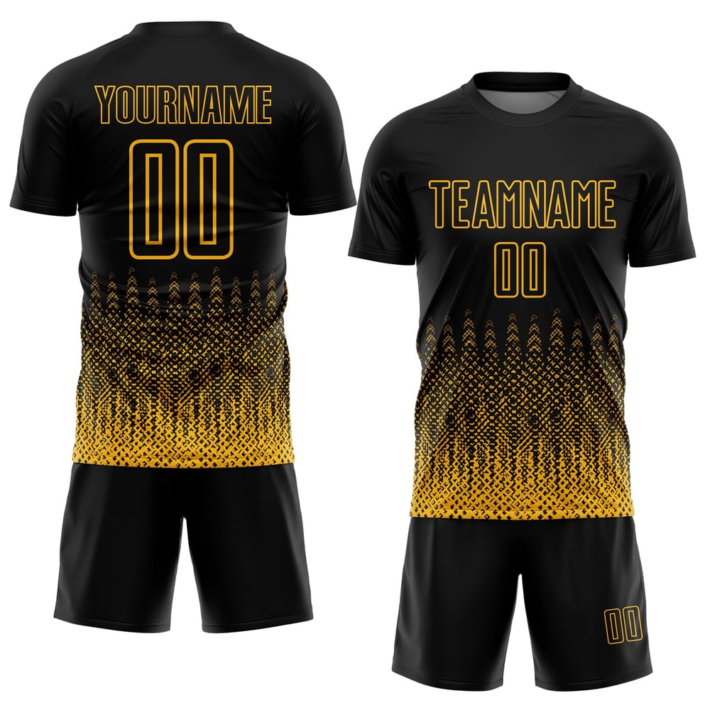 Fußballform Sublimation Gold Benutzerdefinierte Uniform Geometrisch Schwarz Trikot