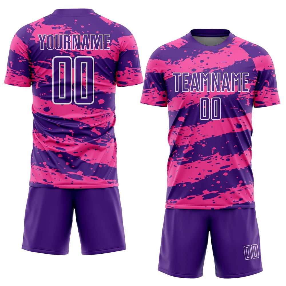 Camiseta de sublimación Splash, uniforme de fútbol rosa y blanco, morada, personalizada