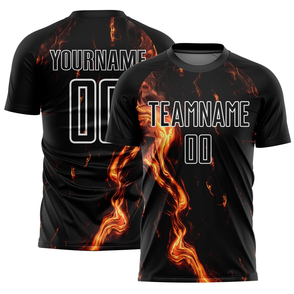 Camiseta Flame personalizada, uniforme dorado y blanco, sublimación, fútbol negro