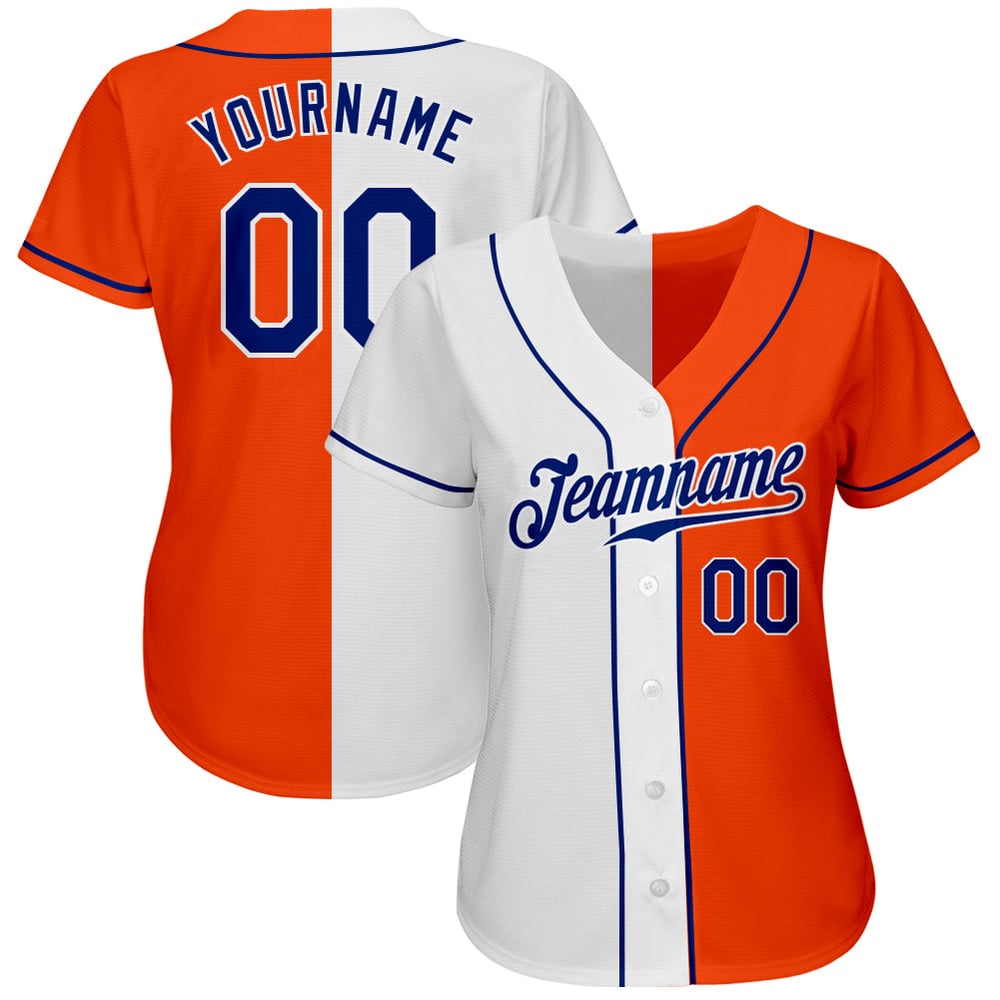Camiseta de béisbol personalizada auténtica de moda naranja dividida azul real-blanco