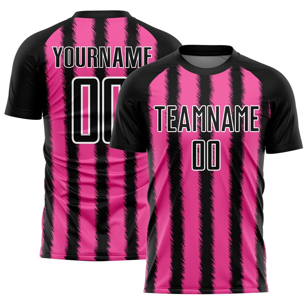 Camiseta de fútbol personalizada con sublimación de líneas negras, rosas y blancas