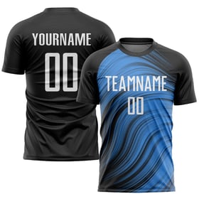 Maillot de football personnalisé bleu clair, blanc et noir, sublimation