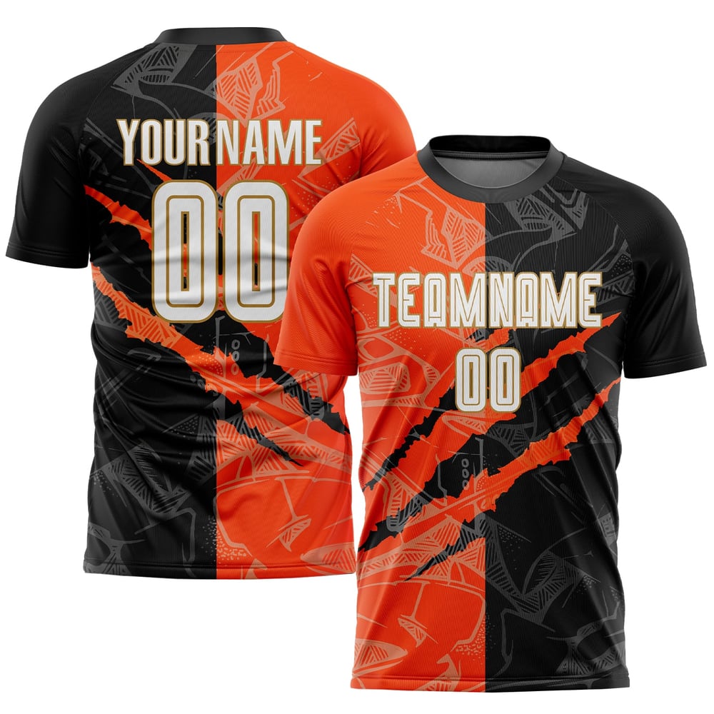 Uniform Pattern Custom Black Gold Soccer Graffiti Scratch Orange-Old White Sublimation Jersey