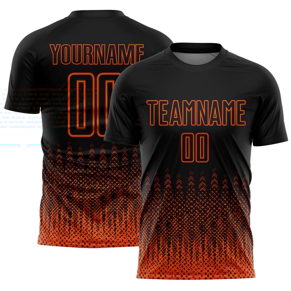Jersey Custom Orange Uniform Sublimation Form Schwarz Geometrisch Fußball