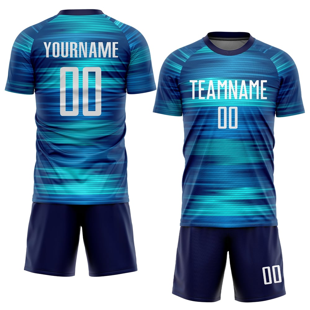 Maillot de football personnalisé bleu clair, blanc et noir, sublimation