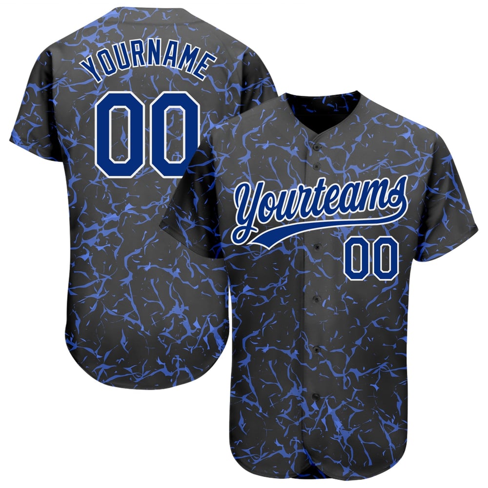 Camiseta personalizada de béisbol con patrón auténtico, color azul real y blanco, diseño 3D.