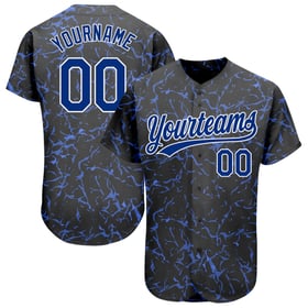 Camiseta personalizada de béisbol con patrón auténtico, color azul real y blanco, diseño 3D.