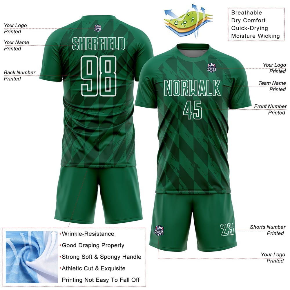 Uniform Shapes Green Custom Kelly Sublimation Jersey Geometric Soccer White