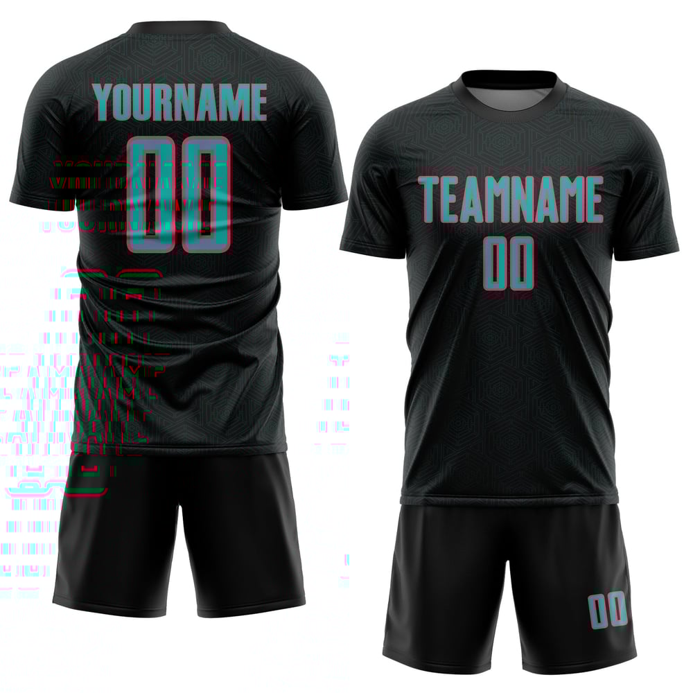 Maglia da calcio personalizzata con stampa geometrica a sublimazione rosa uniforme, nera, acquamarina-neon, sportiva