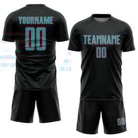 Maglia da calcio personalizzata con stampa geometrica a sublimazione rosa uniforme, nera, acquamarina-neon, sportiva