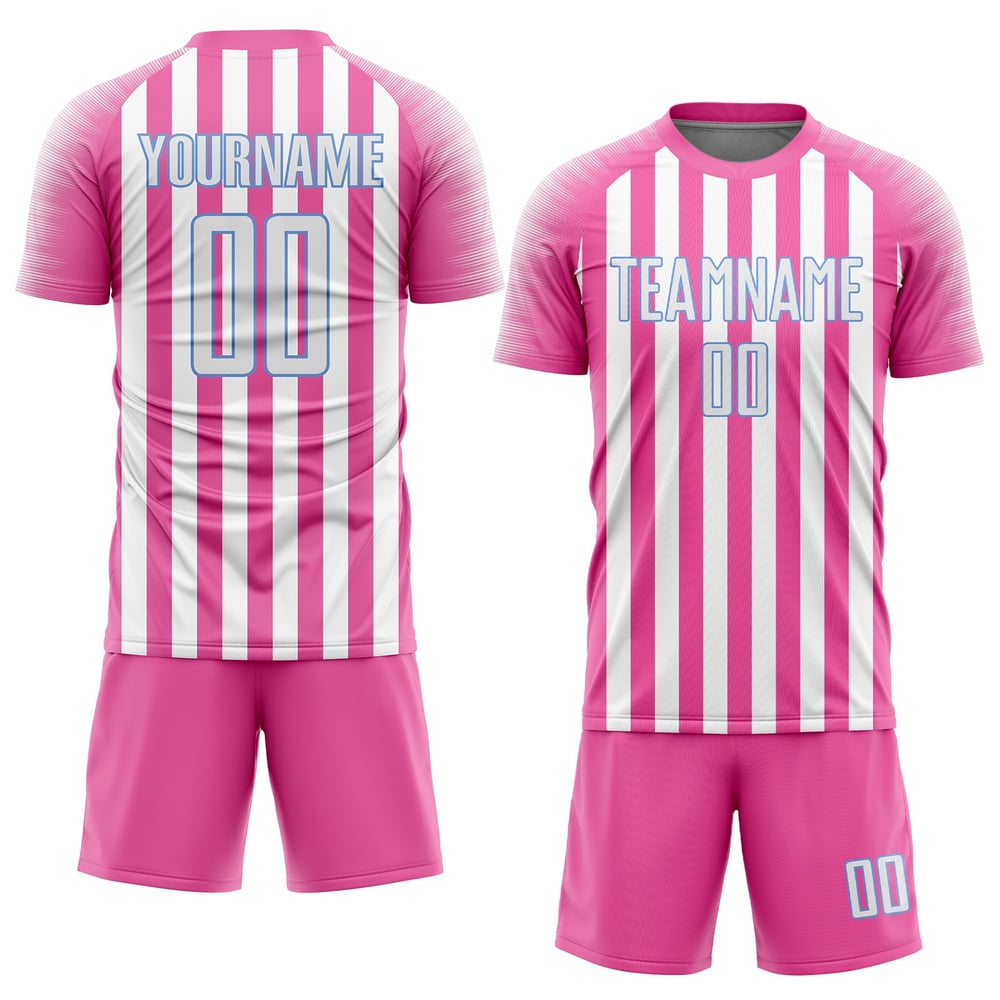 Maillot de football personnalisé à sublimation rose, blanc et bleu clair