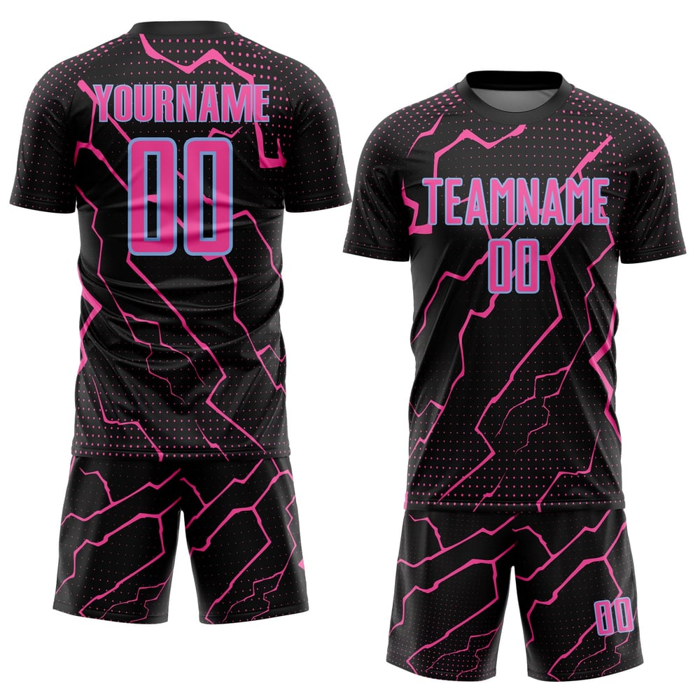 Maglia sportiva blu personalizzata uniforme sublimatica fulmine calcio rosa-nero chiaro