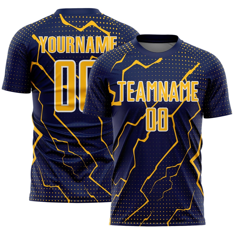 Maglia personalizzata blu navy oro-bianco sublimazione uniforme Sports Lightning Soccer