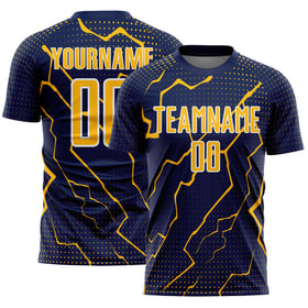 Maglia personalizzata blu navy oro-bianco sublimazione uniforme Sports Lightning Soccer