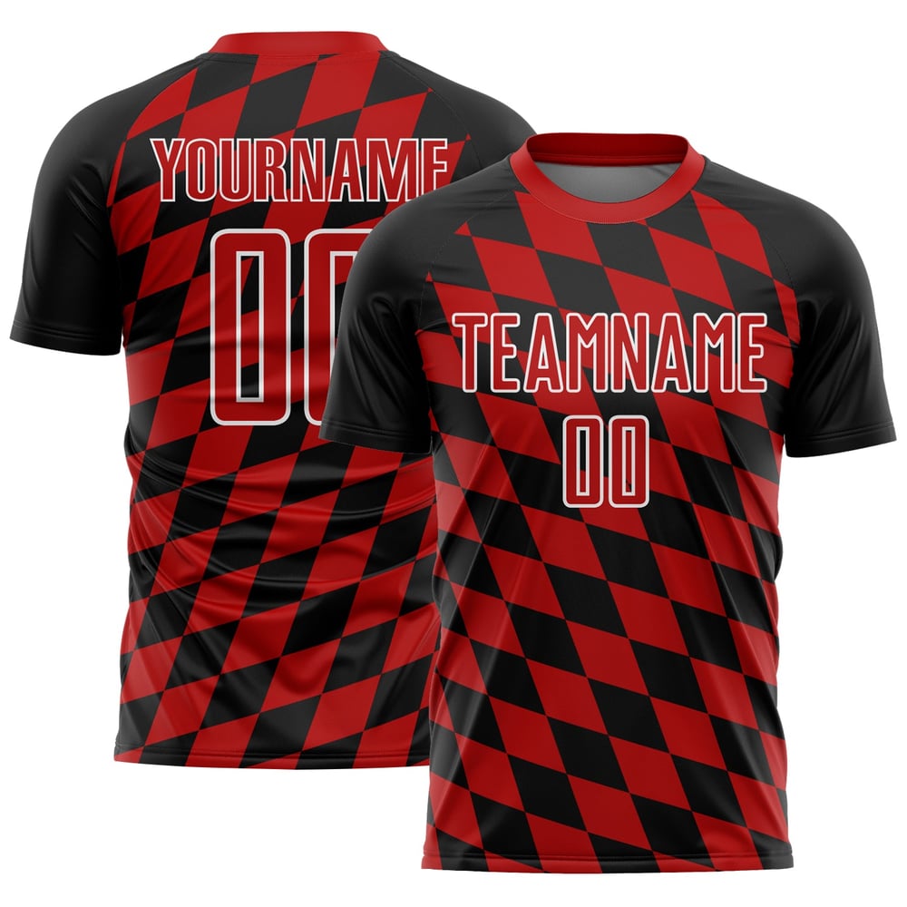 Black Print Soccer Custom Rhombus Sublimation Red-White Uniform Jersey