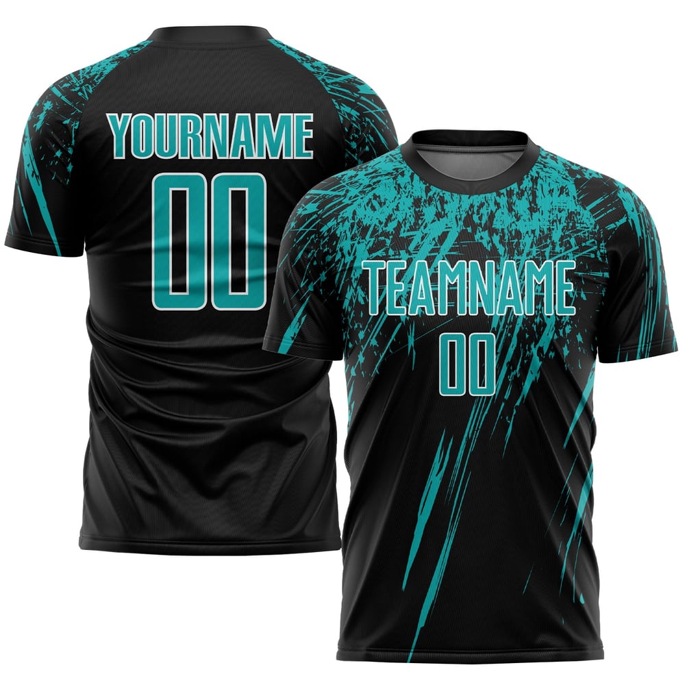 Soccer Black Sublimation Uniform Aqua-White Custom Jersey