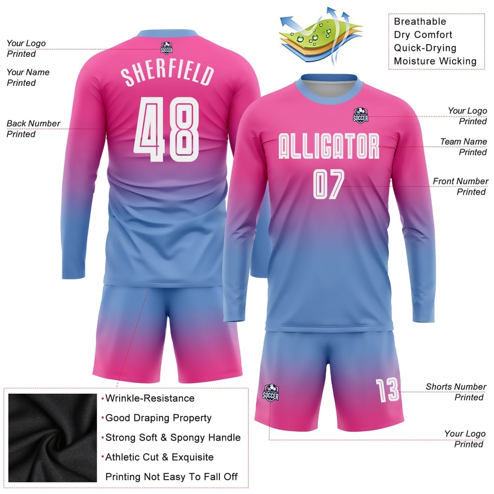 Uniform Custom Soccer White-Light Blue Long Fade Sleeve Fashion Pink Sublimation Jersey