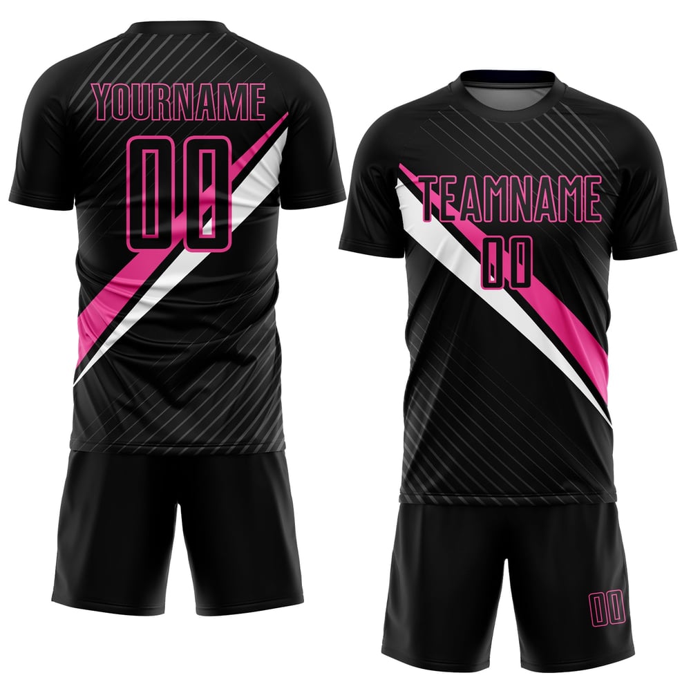 Rosa-vita fotbollslinjer svarta uniformtröjor diagonala anpassade sublimering