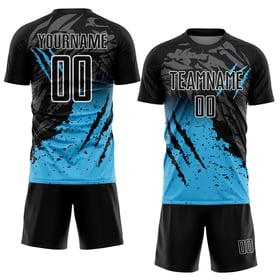 Uniform Blau-Weiß Schwarz Fußball Farbverlauf Custom Scratch Sublimation Sky Jersey Splash